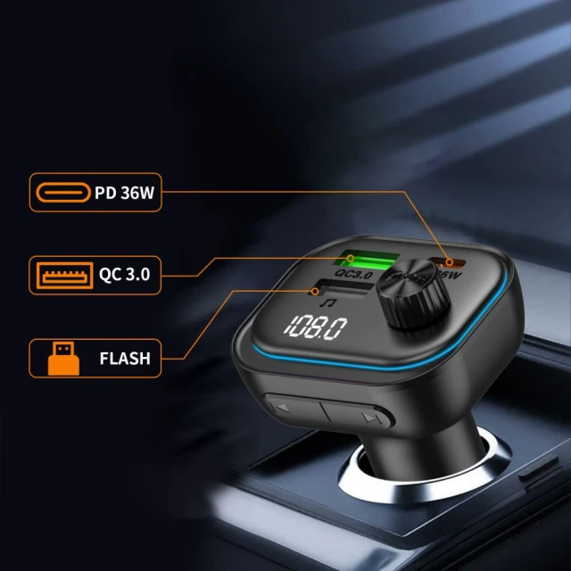 Автомобільний зарядний пристрій Tech-Protect CC07 3-Port PD 54W + FM-трансмітер Bluetooth Black (5906302322770)