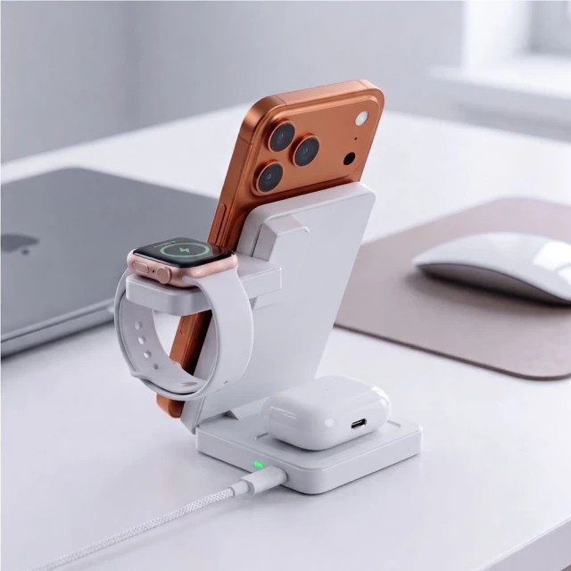 Бездротова зарядка Tech-Protect A56 3in1 Magnetic MagSafe Wireless Charger 25W Qi2.2 White (5906302324408)