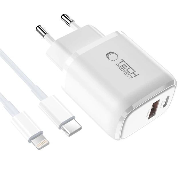 Сетевое зарядное устройство для Tech-Protect NCA20 QC/PD 20W USB-C | USB-A with USB-C to Lightning Cable White (5906302330546)
