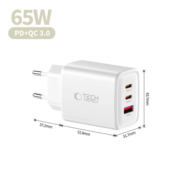 Мережевий зарядний пристрій Tech-Protect NCA65W-GAN 3-Port PD 65W / QC3.0 White (5906302336074)