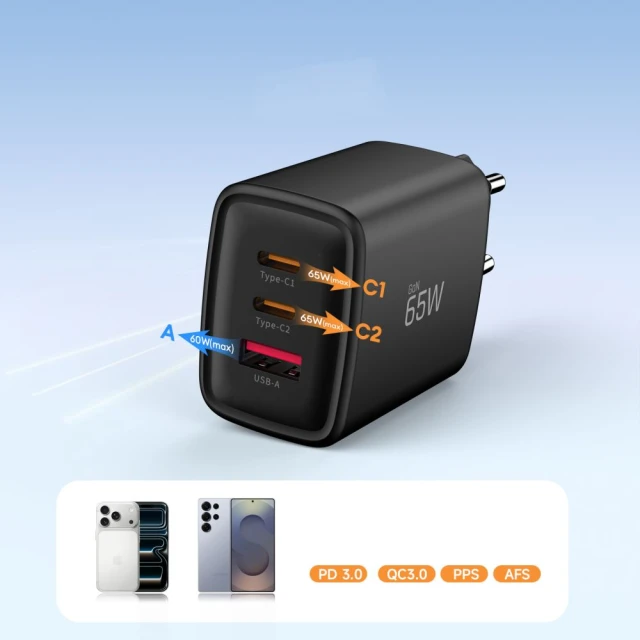 Мережевий зарядний пристрій Tech-Protect NCA65W-GAN 3-Port PD 65W / QC3.0 Black (5906302336081)