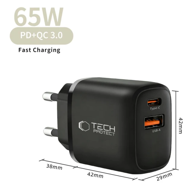 Мережевий зарядний пристрій Tech-Protect NCA65W-GAN 2-Port PD 65W / QC3.0 Black (5906302339839)