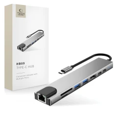 Хаб-адаптер Tech-Protect HB09 8in1 Type-C + USB-A3.0 + USB-C3.0 + HDMI 4K 60Hz + SD/TF + PD100W + RJ45 1000Mb/s Space Grey (5906302340033)
