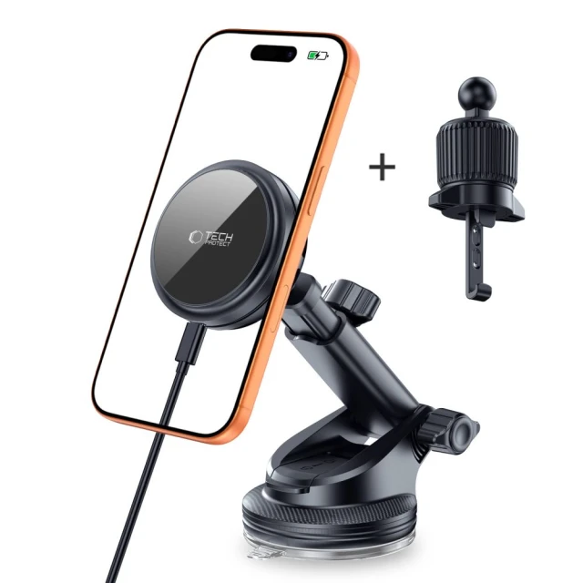 Автотримач з функцією бездротової зарядки Tech-Protect V9 ArcticBoost Magnetic Dashboard & Vent Car Mount Wireless Charger 25W Qi2.2 Black with MagSaf