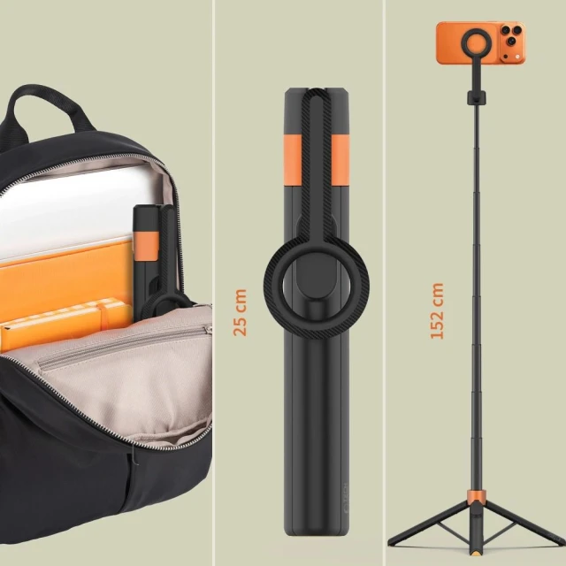 Універсальний штатив Tech-Protect L10S Bluetooth Selfie Stick Tripod Black/Orange with MagSafe (5906302352807)