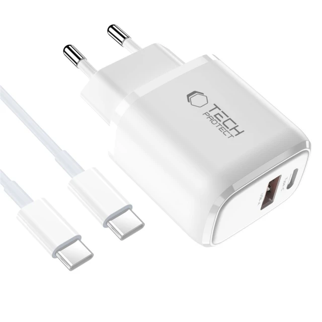 Мережевий зарядний пристрій Tech-Protect NCA45W-GAN 2-Port PD 45W / QC3.0 + Type-C Cable White (5906302352814)