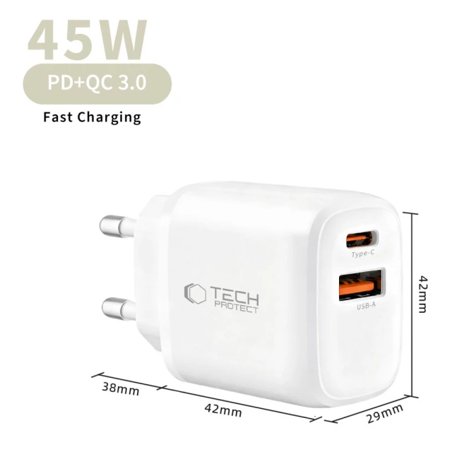 Мережевий зарядний пристрій Tech-Protect NCA45W-GAN 2-Port PD 45W / QC3.0 + Type-C Cable White (5906302352814)