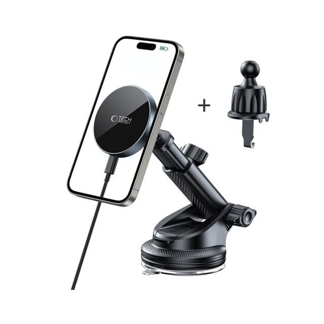 Автотримач з функцією бездротової зарядки Tech-Protect MM15W-V5 Magnetic Dashboard & Vent Car Mount 15W Black with MagSafe (5906302361045)