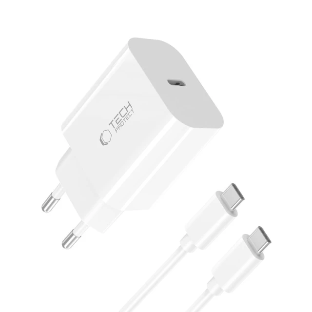 Мережевий зарядний пристрій Tech-Protect NC20W 20W USB-C with USB-C to USB-C Cable 1 m White (5906302361588)