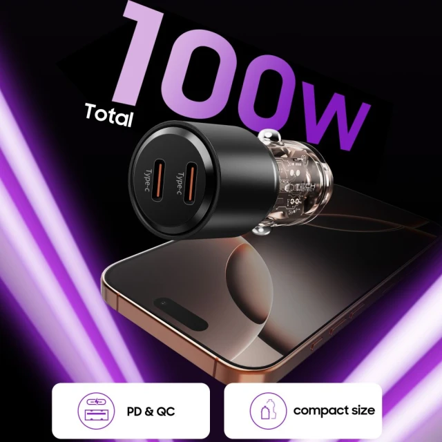 Автомобильное зарядное устройство Tech-Protect CC03 2xUSB-C 100W Black (5906302361687)