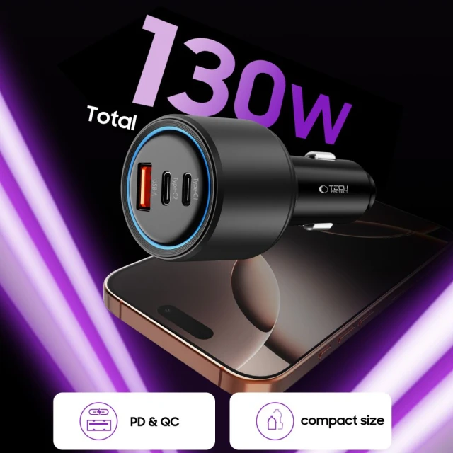 Автомобильное зарядное устройство Tech-Protect CC04 2xUSB-C | USB-A 130W Black (5906302361694)