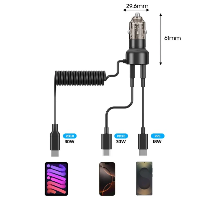 Автомобільний зарядний пристрій Tech-Protect CC05 USB-A | USB-C 60W with Built-in USB-C Cable Black (5906302361717)