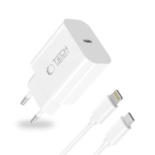 Мережевий зарядний пристрій Tech-Protect NC20W PD 20W USB-C with USB-C to Lightning Cable 1 m White (5906302362899)