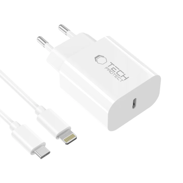 Мережевий зарядний пристрій Tech-Protect NC20W PD 20W USB-C with USB-C to Lightning Cable 1 m White (5906302362899)