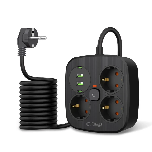 Мережевий подовжувач Tech-Protect PCS3X4 3xAC | 2xUSB-A | 2xUSB-C 2 m Black (5906302363414)