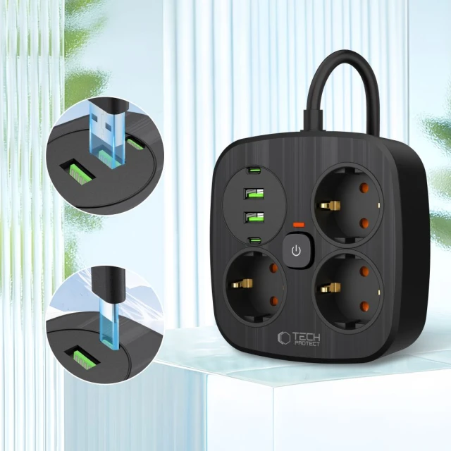 Мережевий подовжувач Tech-Protect PCS3X4 3xAC | 2xUSB-A | 2xUSB-C 2 m Black (5906302363414)