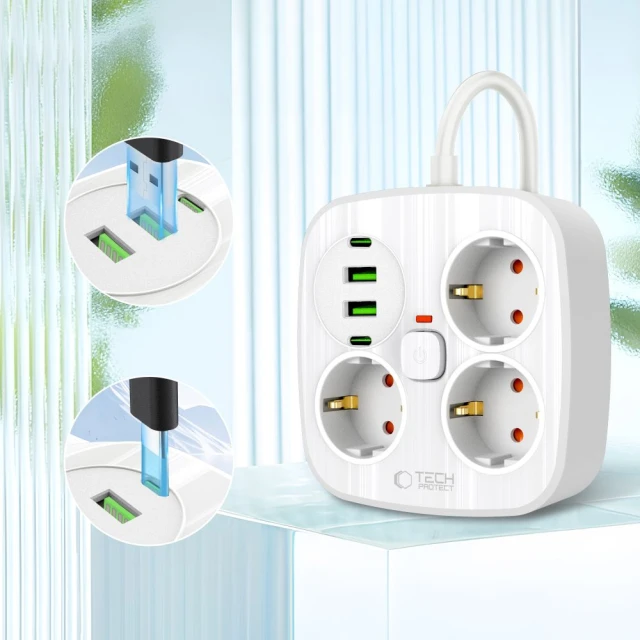 Мережевий подовжувач Tech-Protect PCS3X4 3xAC | 2xUSB-A | 2xUSB-C 2 m White (5906302363421)