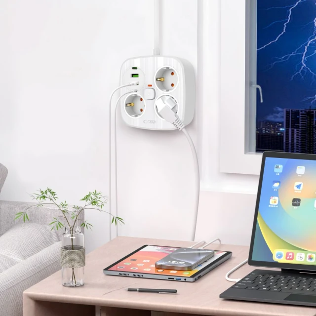 Мережевий подовжувач Tech-Protect PCS3X4 3xAC | 2xUSB-A | 2xUSB-C 2 m White (5906302363421)