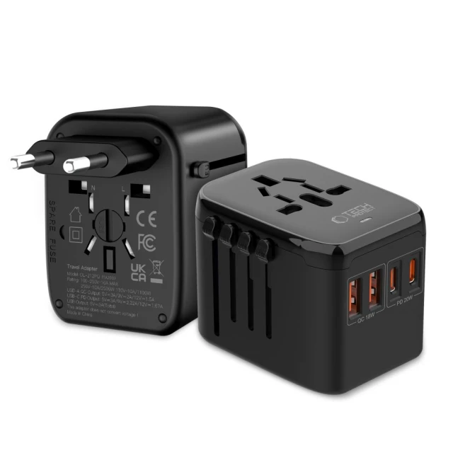 Мережевий зарядний пристрій Tech-Protect TA200 Travel Adapter EU | UK | US | AU 20W 2xUSB-C | 2xUSB-A Black (5906302368617)