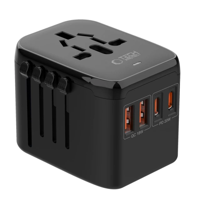 Мережевий зарядний пристрій Tech-Protect TA200 Travel Adapter EU | UK | US | AU 20W 2xUSB-C | 2xUSB-A Black (5906302368617)