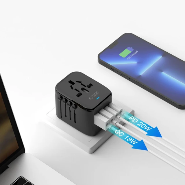 Мережевий зарядний пристрій Tech-Protect TA200 Travel Adapter EU | UK | US | AU 20W 2xUSB-C | 2xUSB-A Black (5906302368617)