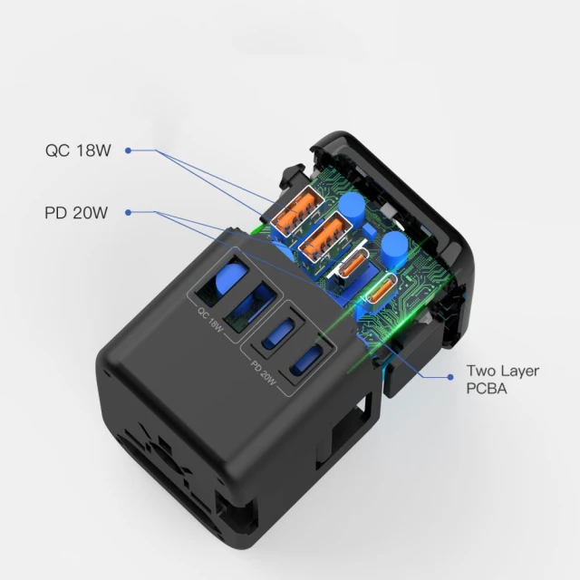 Мережевий зарядний пристрій Tech-Protect TA200 Travel Adapter EU | UK | US | AU 20W 2xUSB-C | 2xUSB-A Black (5906302368617)