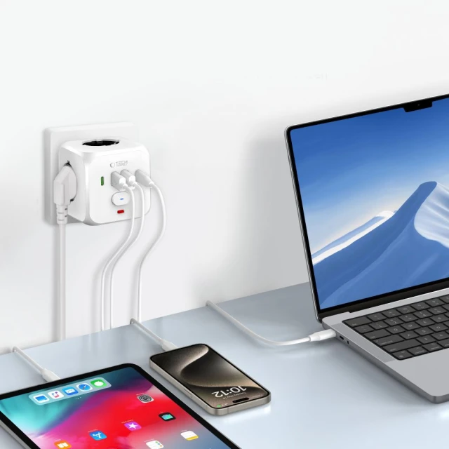Перехідник мережевий Tech-Protect PCL3X4 2xUSB-A/2xUSB-C/3xSocket White (5906302372096)
