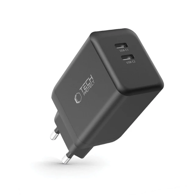 Сетевое зарядное устройство Tech-Protect NC45W-GaN PD 45W 2xUSB-C Black (5906302372386)