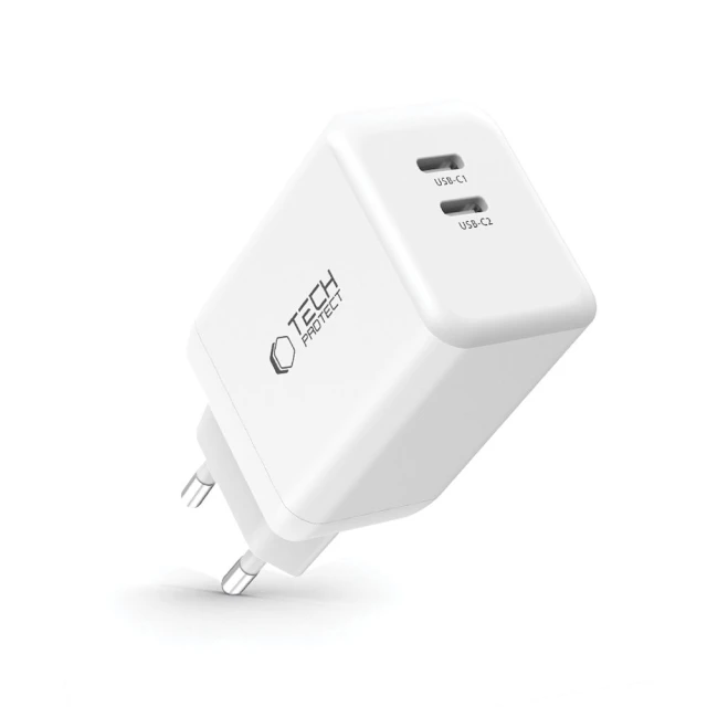 Мережевий зарядний пристрій Tech-Protect NC45W-GaN PD 45W 2xUSB-C White (5906302372393)