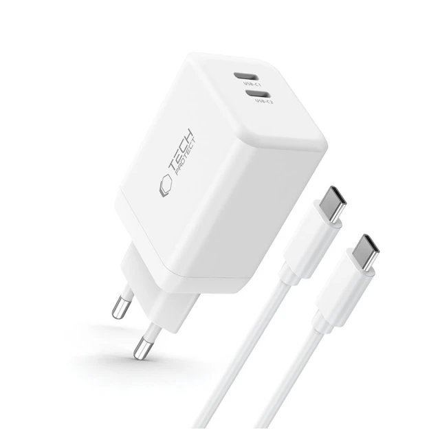 Мережевий зарядний пристрій Tech-Protect NC45W-GaN PD 45W 2xUSB-C with USB-C to USB-C Cable 1m White (5906302372409)