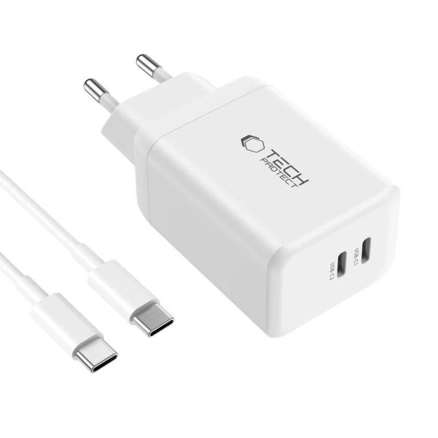 Мережевий зарядний пристрій Tech-Protect NC45W-GaN PD 45W 2xUSB-C with USB-C to USB-C Cable 1m White (5906302372409)