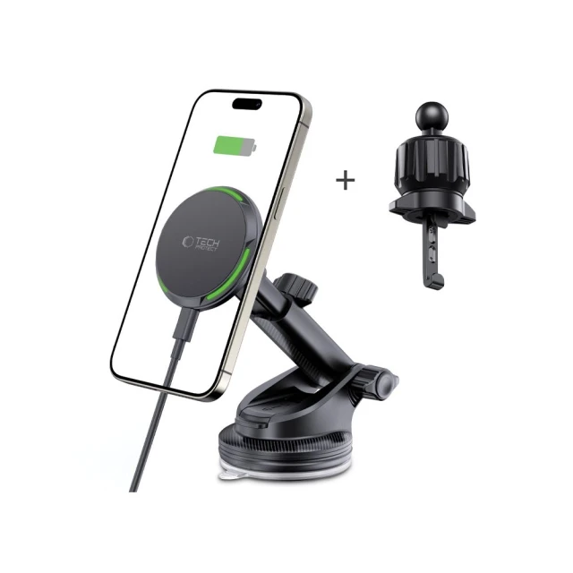 Автотримач із функцією бездротової зарядки Tech-Protect MM15W-V7 QI2 Magnetic Dashboard & Vent Car Mount Wireless Charger 15W Black with MagSafe (5906