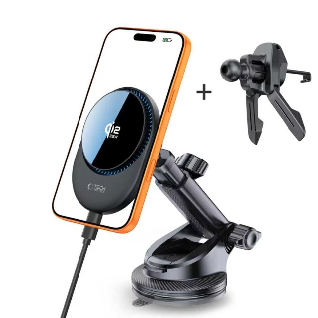 Автодержатель Tech-Protect V21 Magnetic с беспроводной зарядкой 25W Qi2.2 Black with MagSafe (5906302392902)