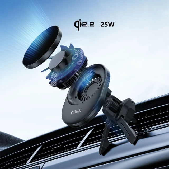 Автодержатель Tech-Protect V21 Magnetic с беспроводной зарядкой 25W Qi2.2 Black with MagSafe (5906302392902)