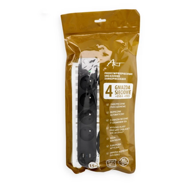 Подовжувач Art FU810 4 розетки + 2x USB-A + USB-C 1.5 м Black (5906721173021)