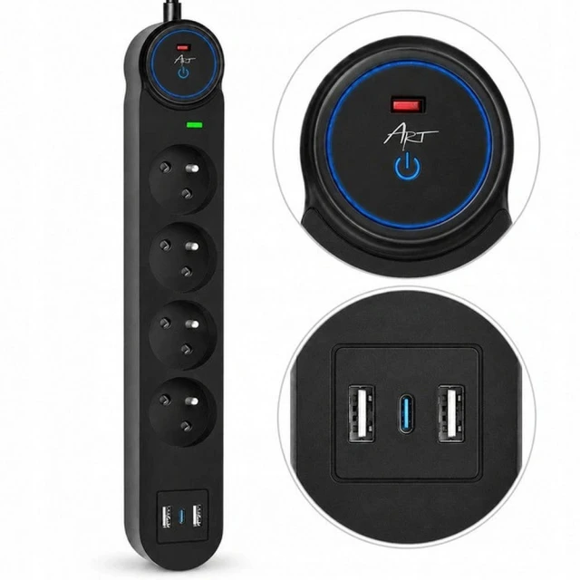 Подовжувач Art FU810 4 розетки + 2x USB-A + USB-C 1.5 м Black (5906721173021)