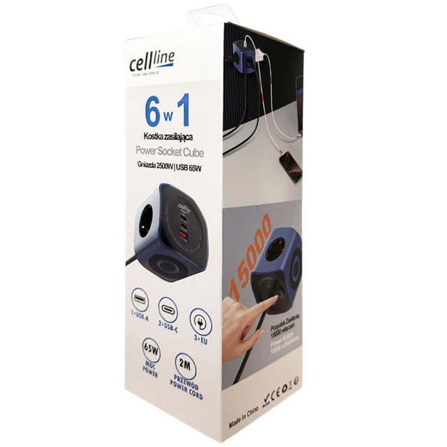 Розетка Cellline Power Socket Cube 6в1 2500W USB/2xUSB-C 65W Синій (5906849665941)