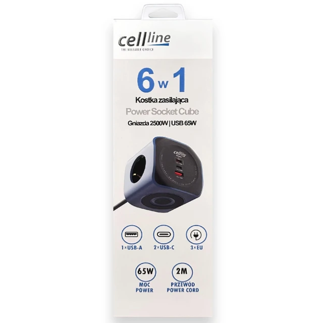Розетка Cellline Power Socket Cube 6в1 2500W USB/2xUSB-C 65W Синій (5906849665941)