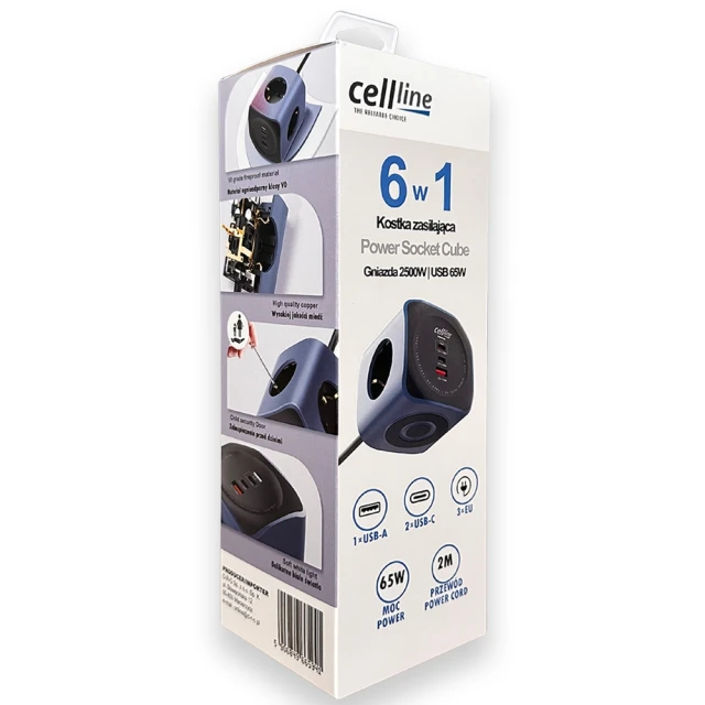 Розетка Cellline Power Socket Cube 6в1 2500W USB/2xUSB-C 65W Синій (5906849665941)