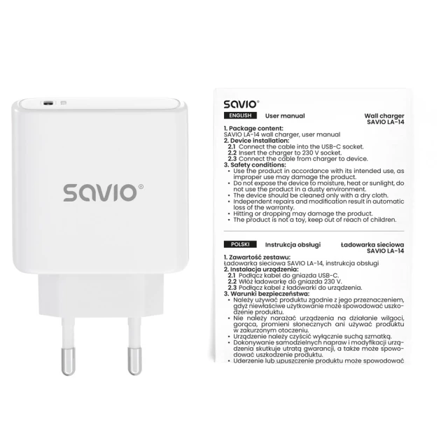 Сетевое зарядное устройство Savio LA-14 20 Вт PD 3.0 White (5907264110078)