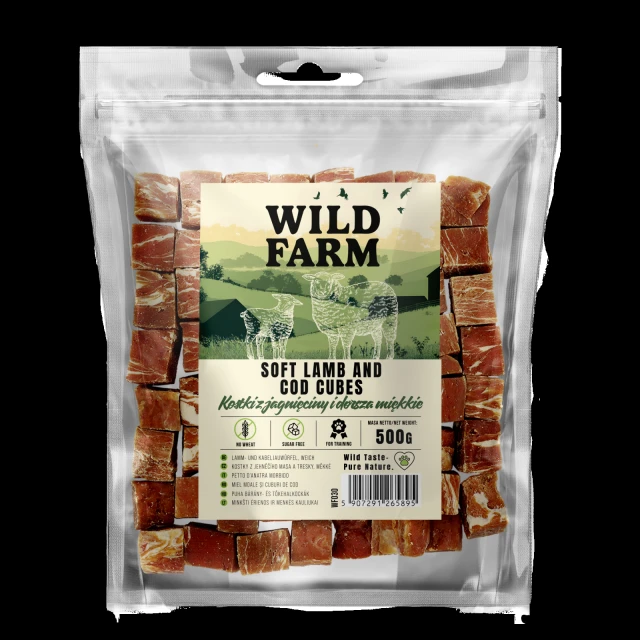 Ласощі для собак Wild Farm Кубики з ягням і тріскою 500 г (5907291265895)