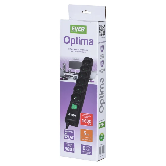 Подовжувач із захистом від перенапруги Ever Optima 5 м 6 розеток 10 А Black (5907683603557)