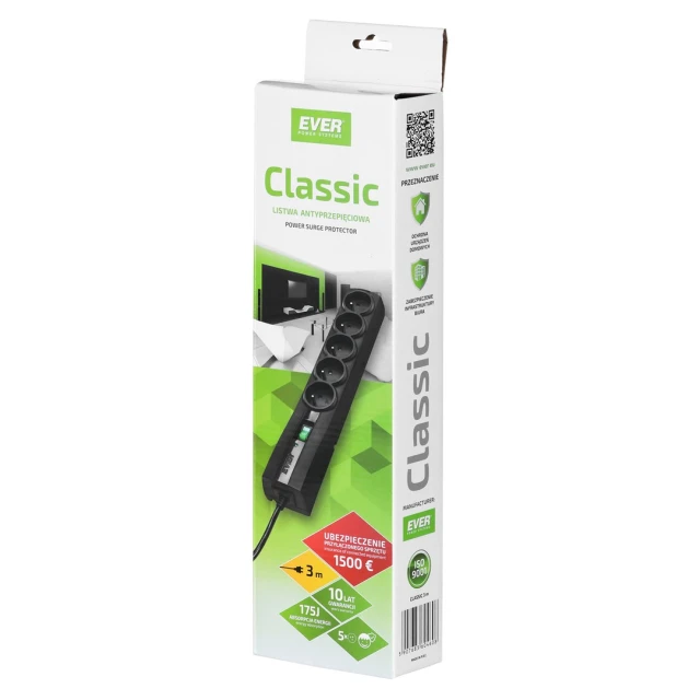 Мережевий фільтр Ever Classic 3,0 м 5 розеток 10 A Black (5907683604608)
