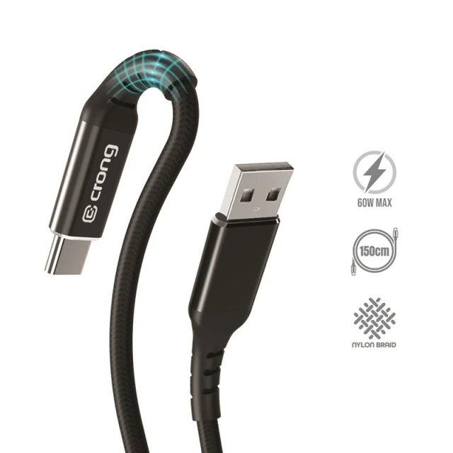 Кабель Crong Armor Link 60W PD 3A USB-A USB-C 150cm Black (CRG-AL15USAC-BLK)