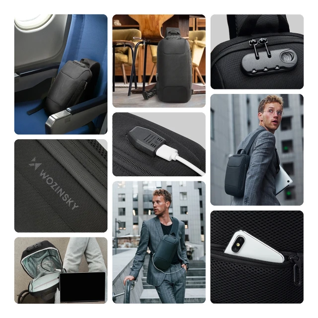 Рюкзак Wozinsky Premium на одне плече антикрадій з органайзером і USB Black (5907769372186)