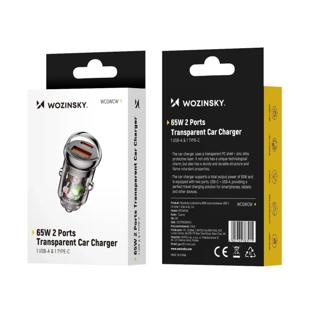 Автомобільний зарядний пристрій Wozinsky 65W USB-C PD + USB-A QC 3.0 Black (WCGWCW)
