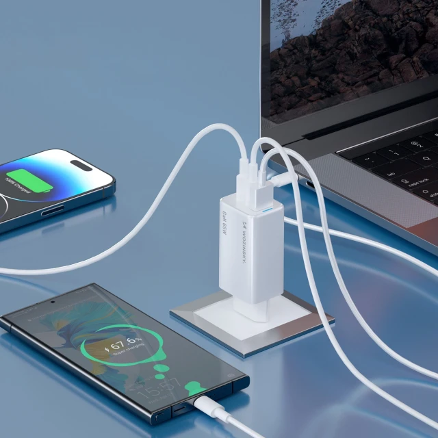 Зарядное устройство Wozinsky GaN 65W 2xUSB-C + USB-A с кабелем C-C White (WDCCBC)