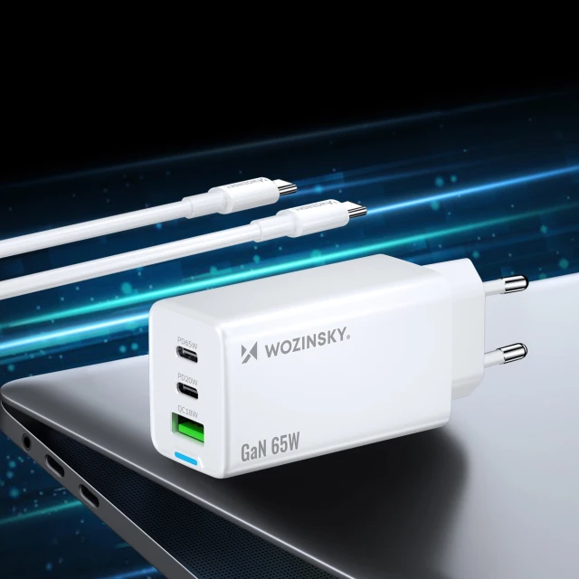 Зарядное устройство Wozinsky GaN 65W 2xUSB-C + USB-A с кабелем C-C White (WDCCBC)