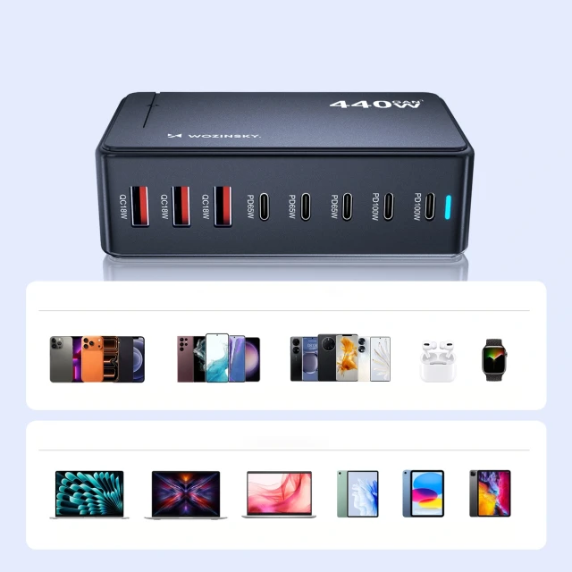 Зарядна станція Wozinsky WSL-440 440W GaN QC3 Black (5907769385070)