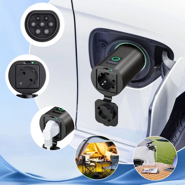Адаптер V2L Type 2 - Schuko 3500W з дисплеєм потужності Black (5907769387746)
